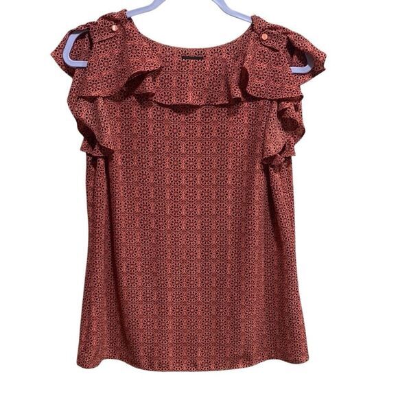 Worthington Deep Coral Ruffle Flutter Sleeve Blouse Small Medallion Print‎ - Picture 1 of 9